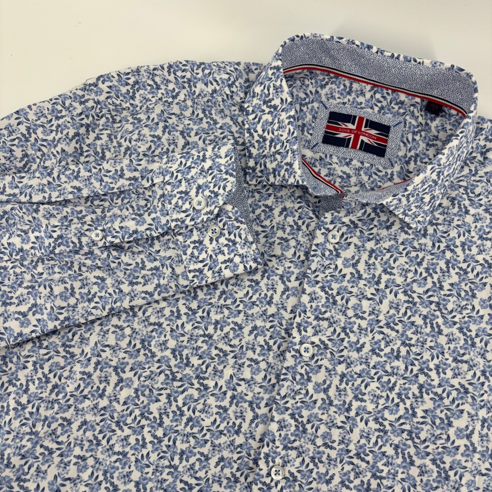 Soul of London Button‎ Down Mens 16.5 L Blue White Excellent Floral Ditsy Cotton